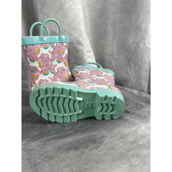 T&W Girls Unicorn Rain Boots Purple Pink Rubber Pull On Round Toe 6 NEW - Picture 4 of 6